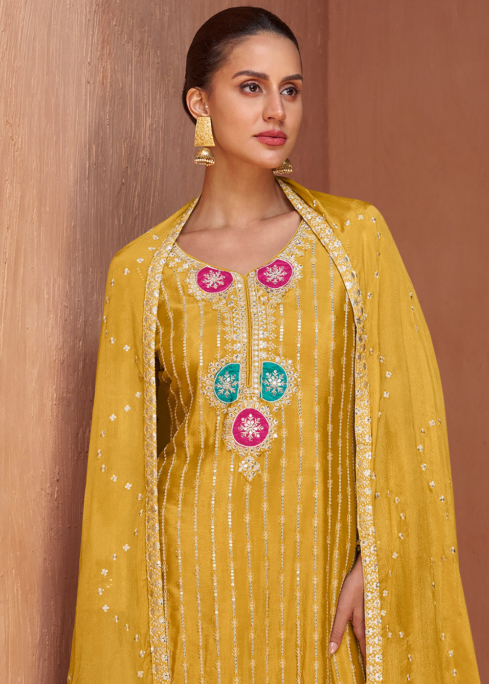 Mustard Yellow Floral Embroidered Chinon Silk Plazzo Suit