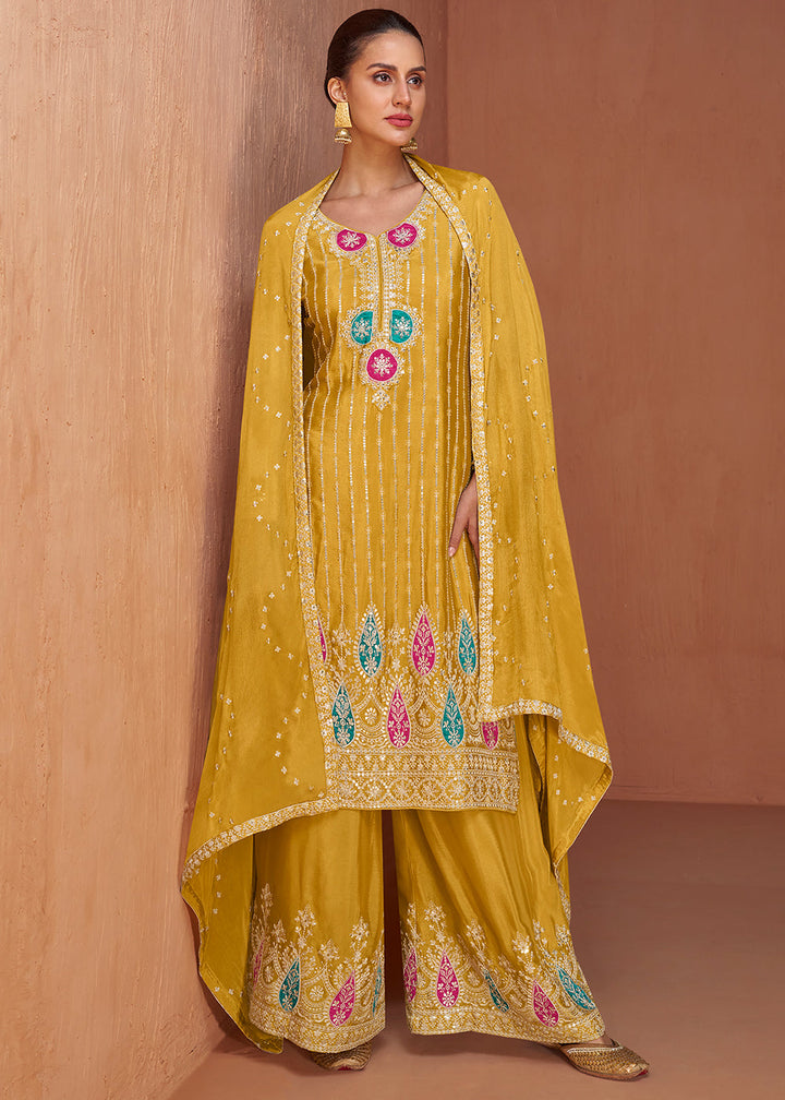 Mustard Yellow Floral Embroidered Chinon Silk Plazzo Suit