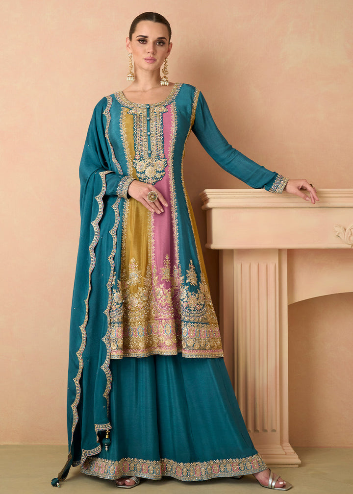 Celadon Blue Embroidered Chinon Plazzo Suit