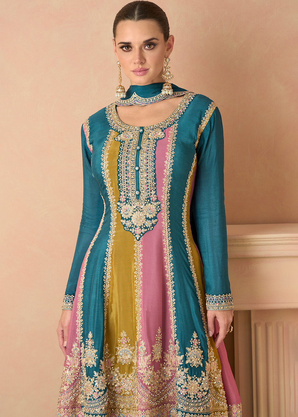 Celadon Blue Embroidered Chinon Plazzo Suit