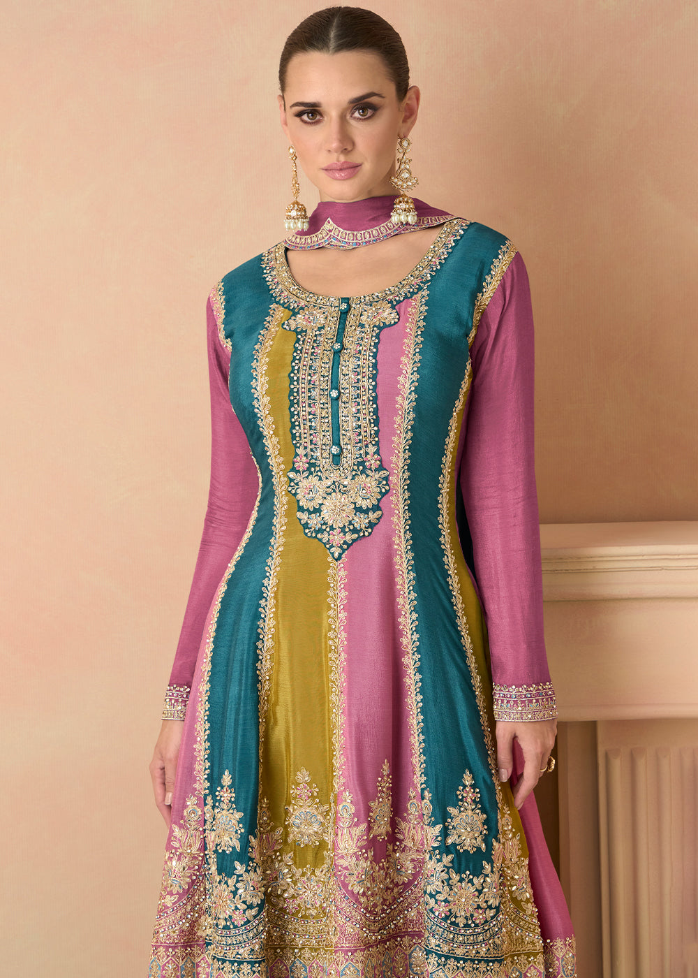 Persian Pink Embroidered Chinon Plazzo Suit