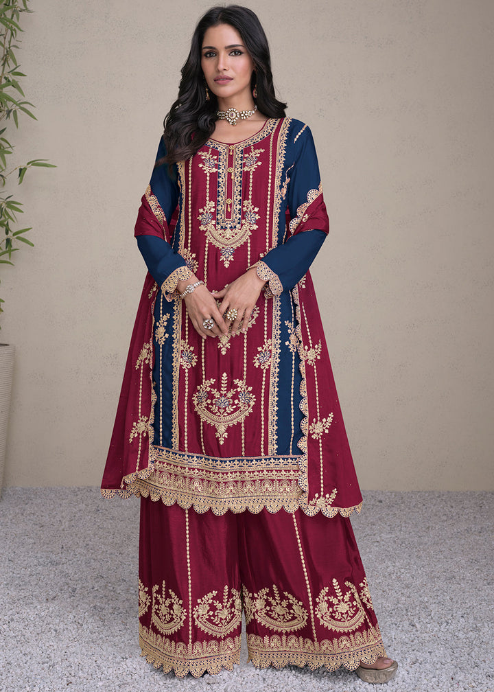 Berry Red Embroidered Chinon Silk Plazzo Suit