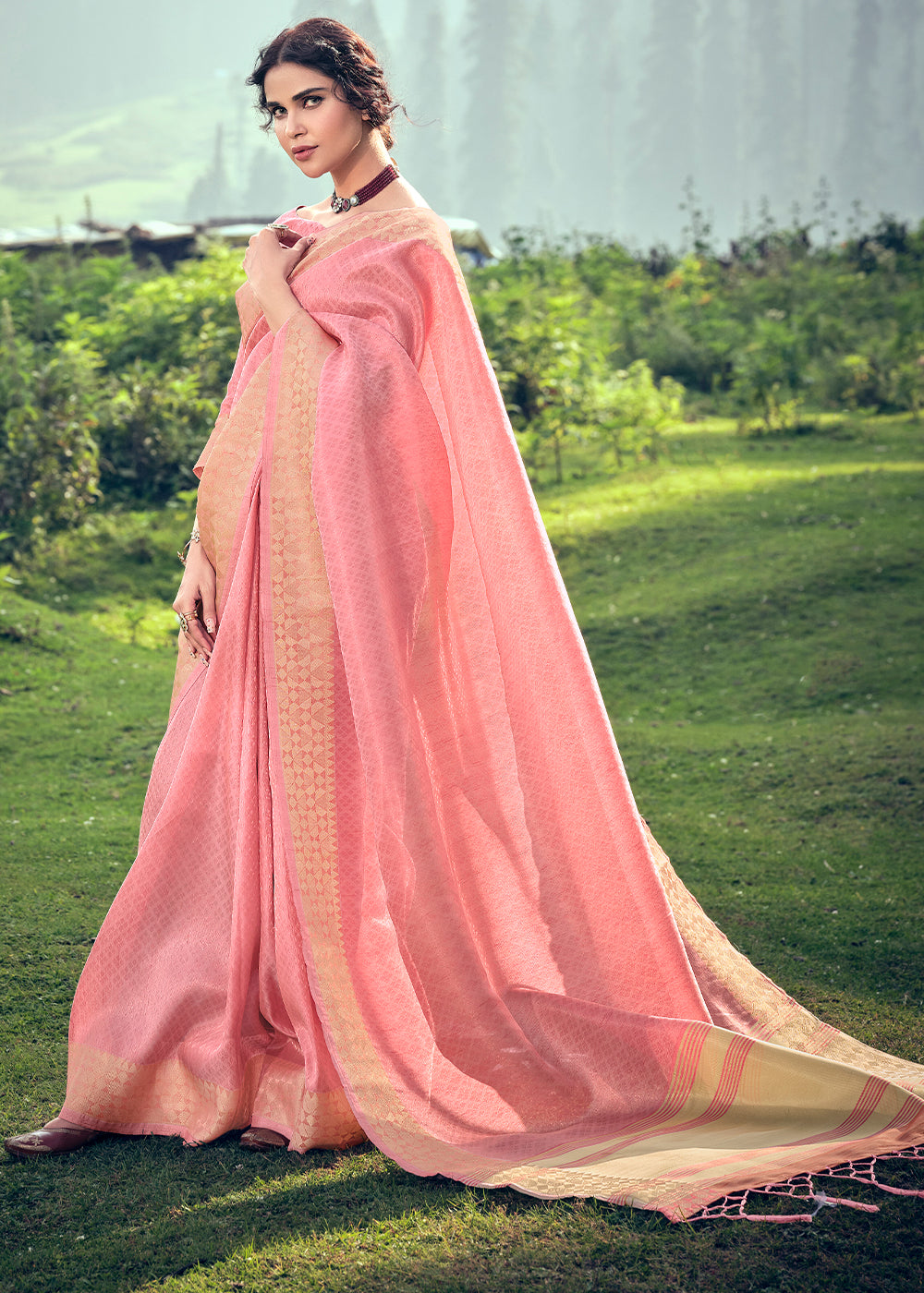 Taffy Pink Zari Woven Tissue Silk Saree