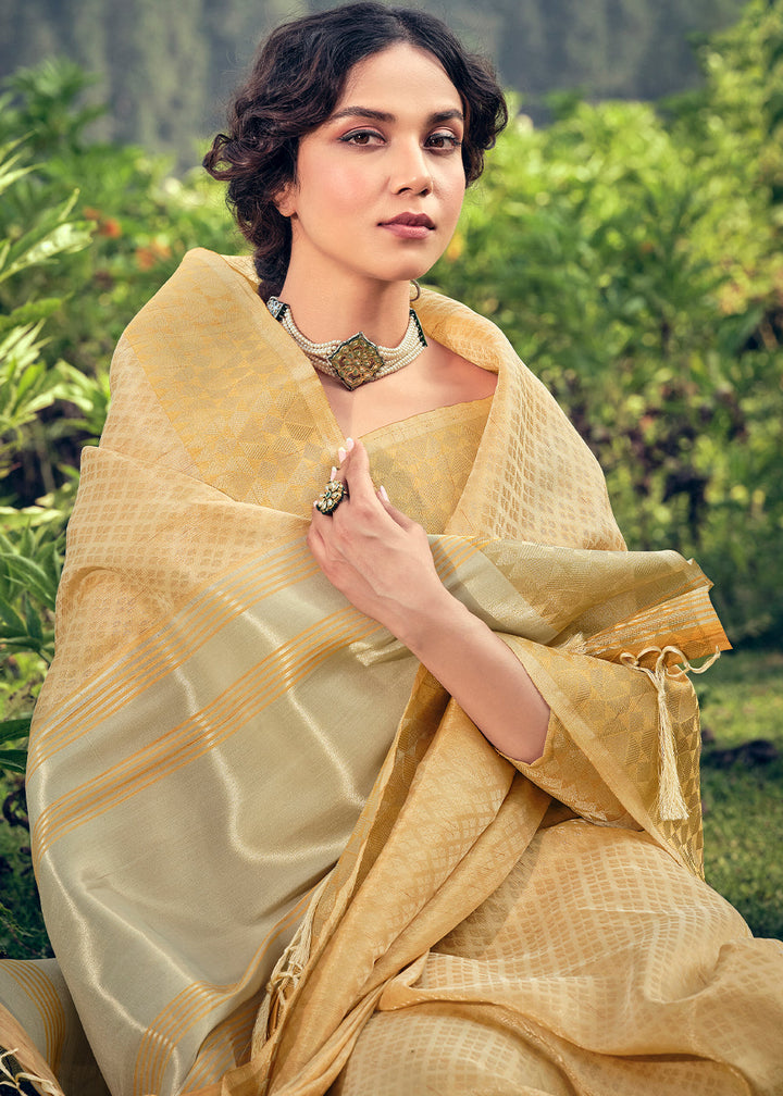 Beige Golden Zari Woven Tissue Silk Saree