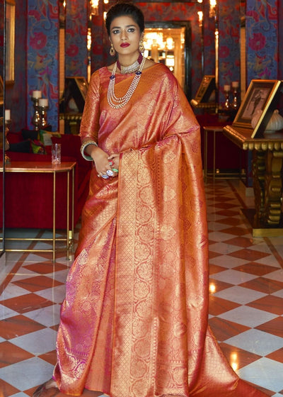 Blush Red and Golden Blend Woven Kanjivaram Soft Silk Saree