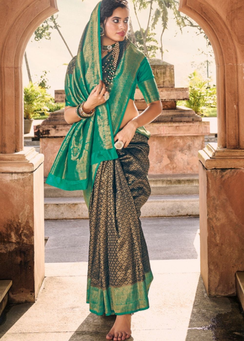 Jade Black Woven Kanjivaram Silk Saree with contrast Border & Pallu