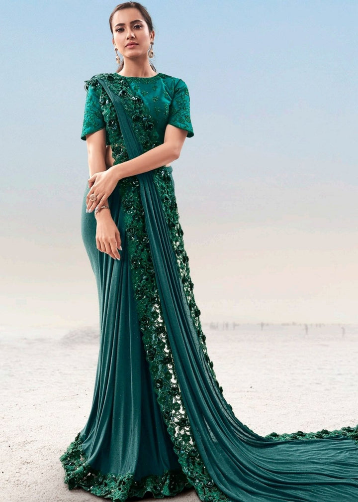 Turquoise Green Georgette Saree with Jari Thread and Diamond work