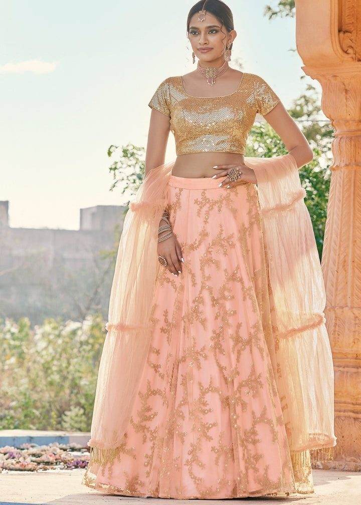 Peach Pink Net Lehenga having Thread & Sequins work Paired with Raw Silk Blouse