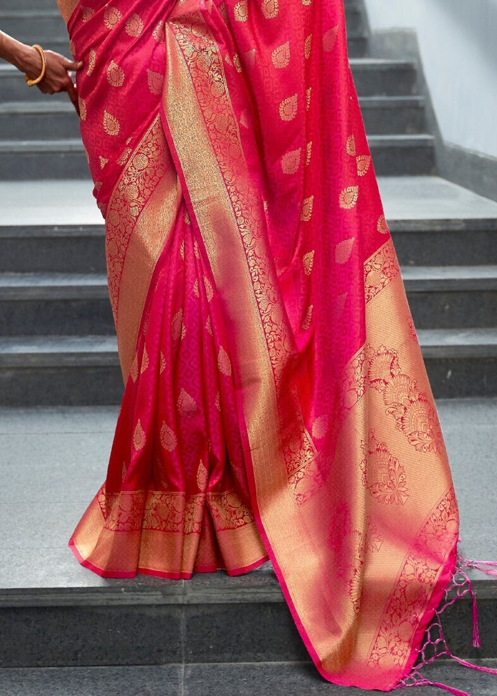 Ruby Pink Woven Banarasi Silk Saree with overall Butti
