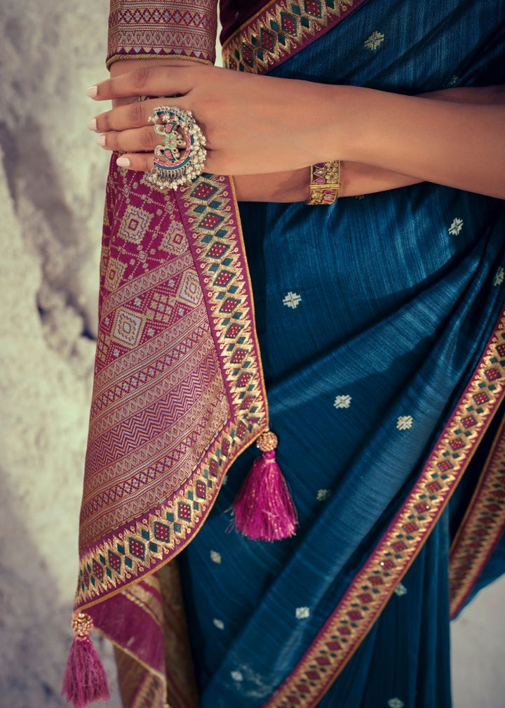 Yale Blue Woven Banarasi Silk Saree with Embroidered Border & Swarovski work