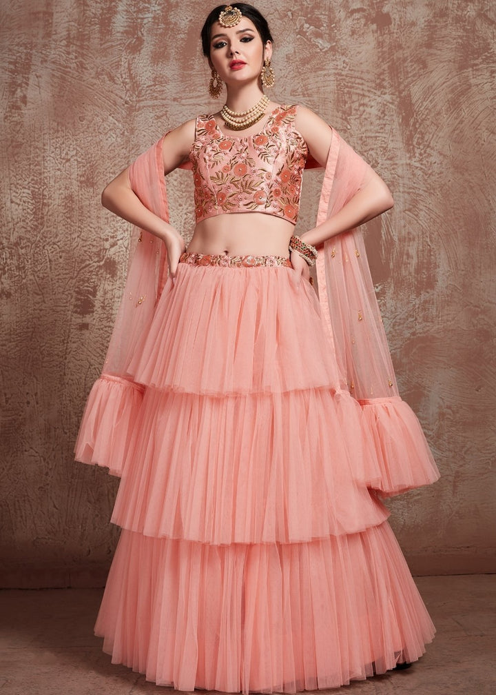 Rose Pink Designer Soft Net Lehenga with Sequins, Zari & Pearl work