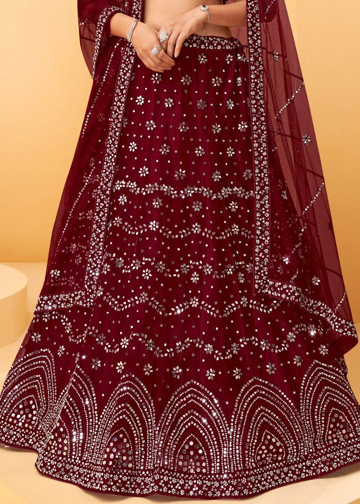 Garnet Red Net Lehenga Choli with Thread Embroidery,Mirror & Zarkan work