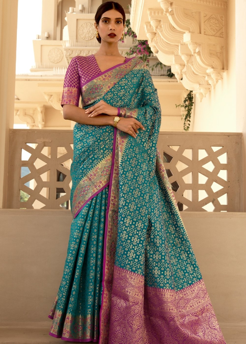 Teal Blue Woven Soft Banarasi Silk Saree with Contrast Pallu & Blouse