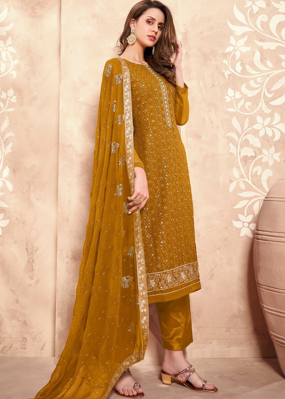 Mustard Yellow Georgette Salwar Suit with Thread & Sequence Embroidery work