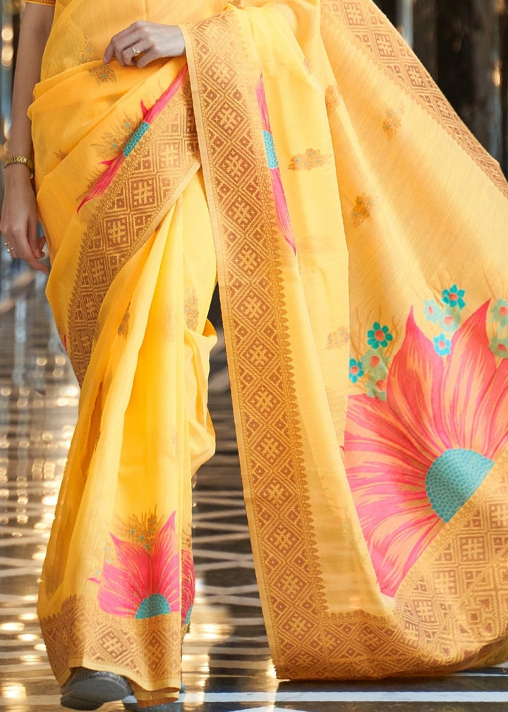 Saffron Yellow Zari Woven Linen Silk Saree