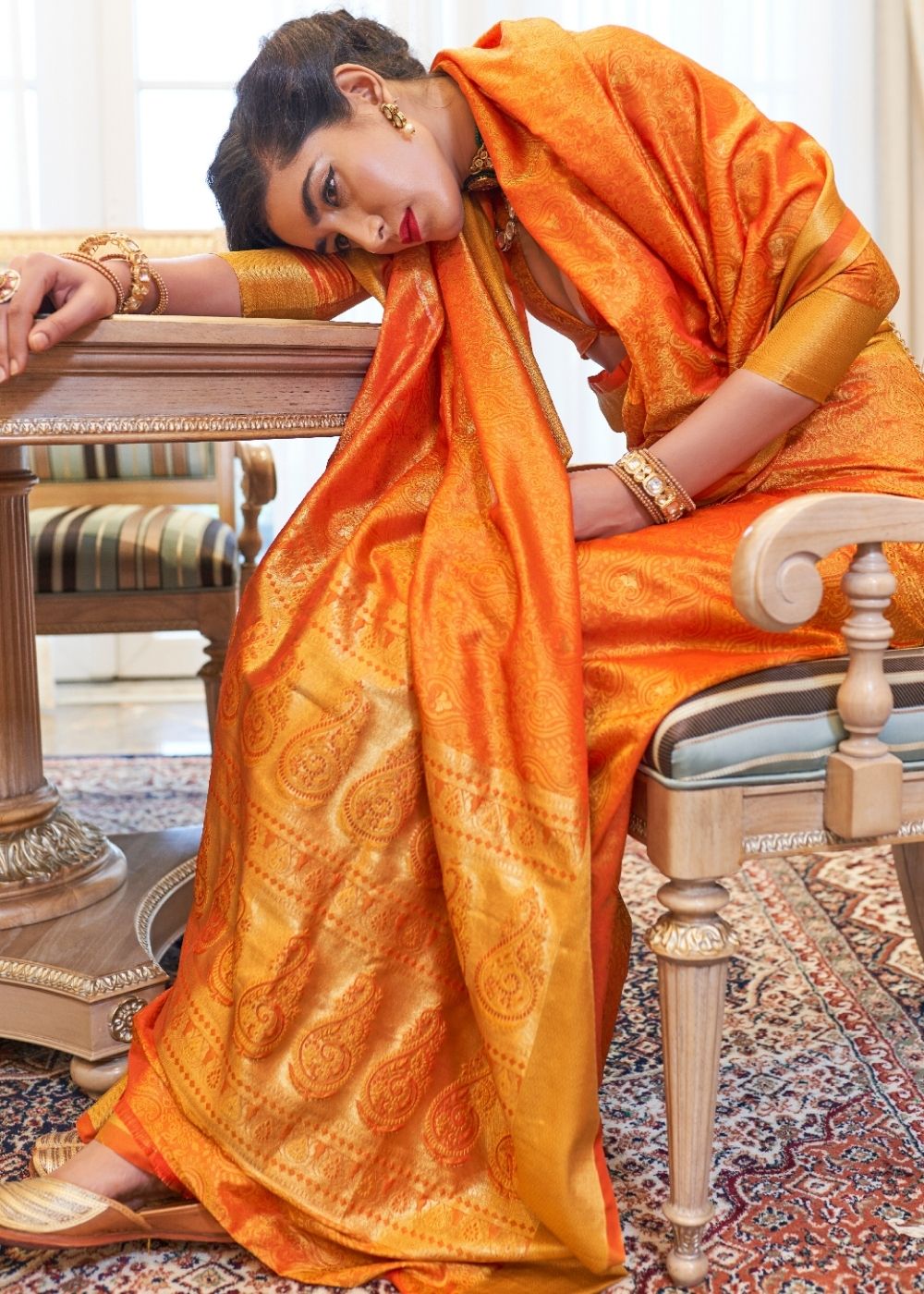 Pumpkin Orange Ultra Soft Kanjivaram Silk Saree with Zari  Border and Pallu