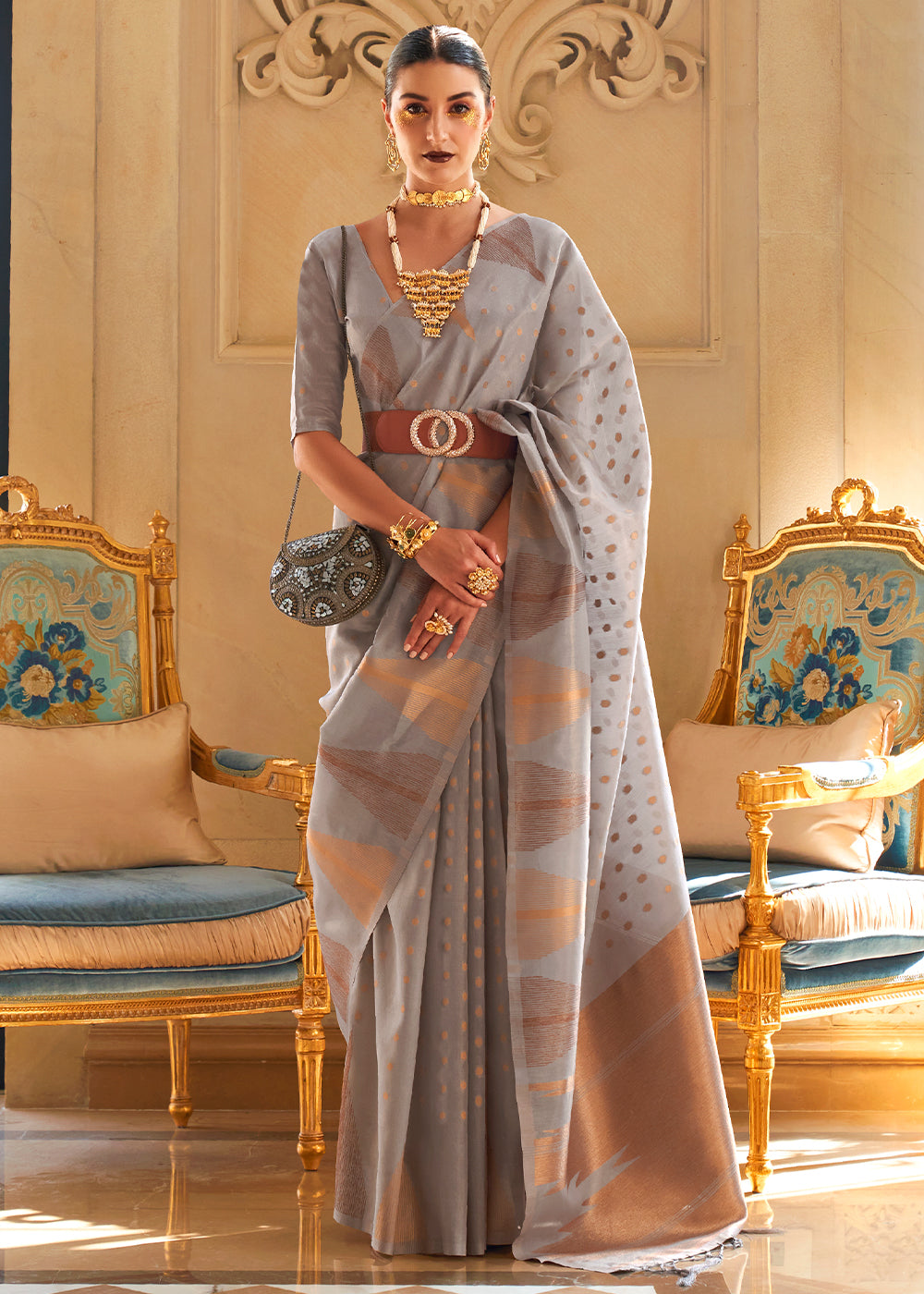 Lava Grey Zari Handloom Woven Tissue Silk Saree