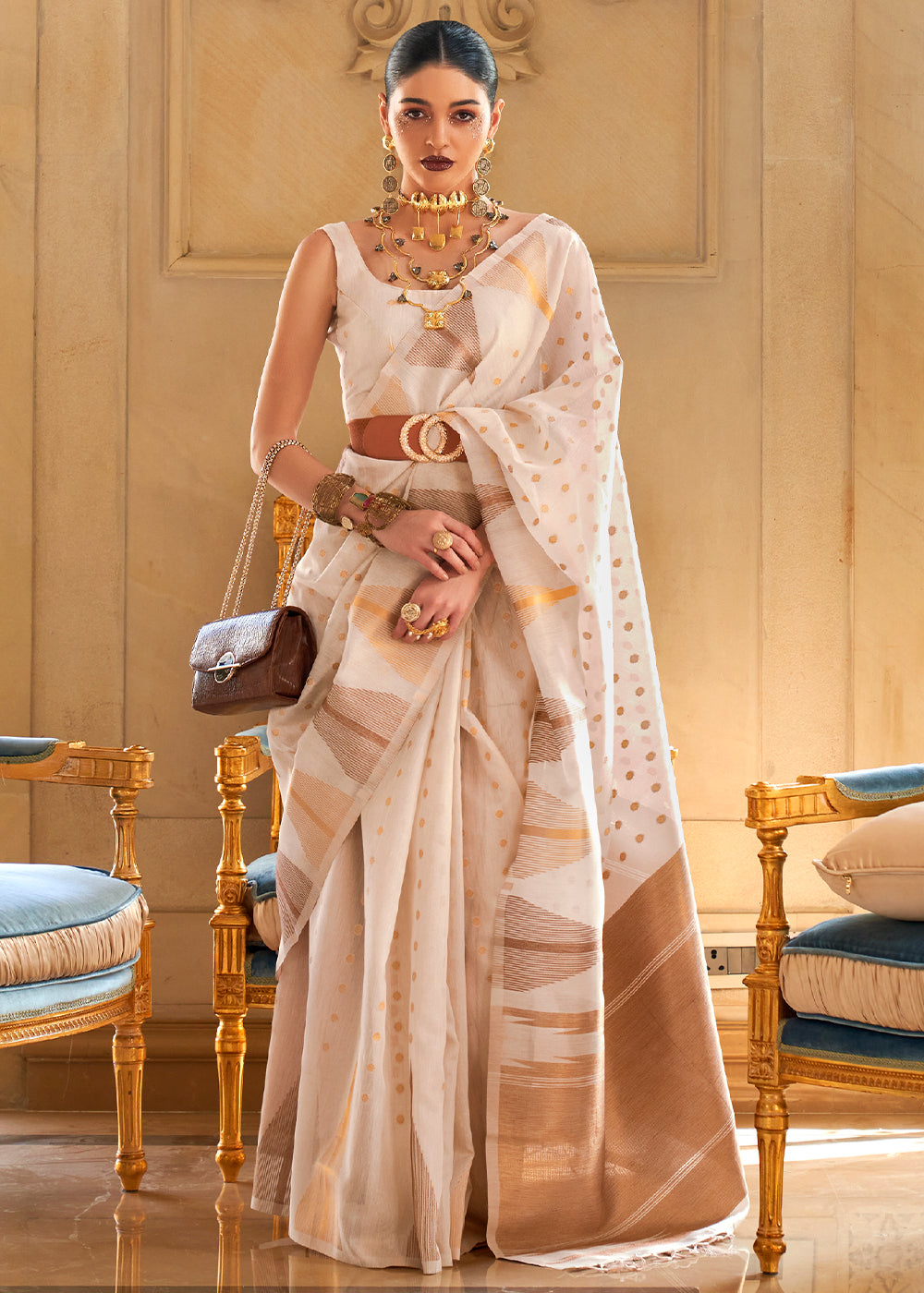 Pearl White Zari Handloom Woven Tissue Silk Saree