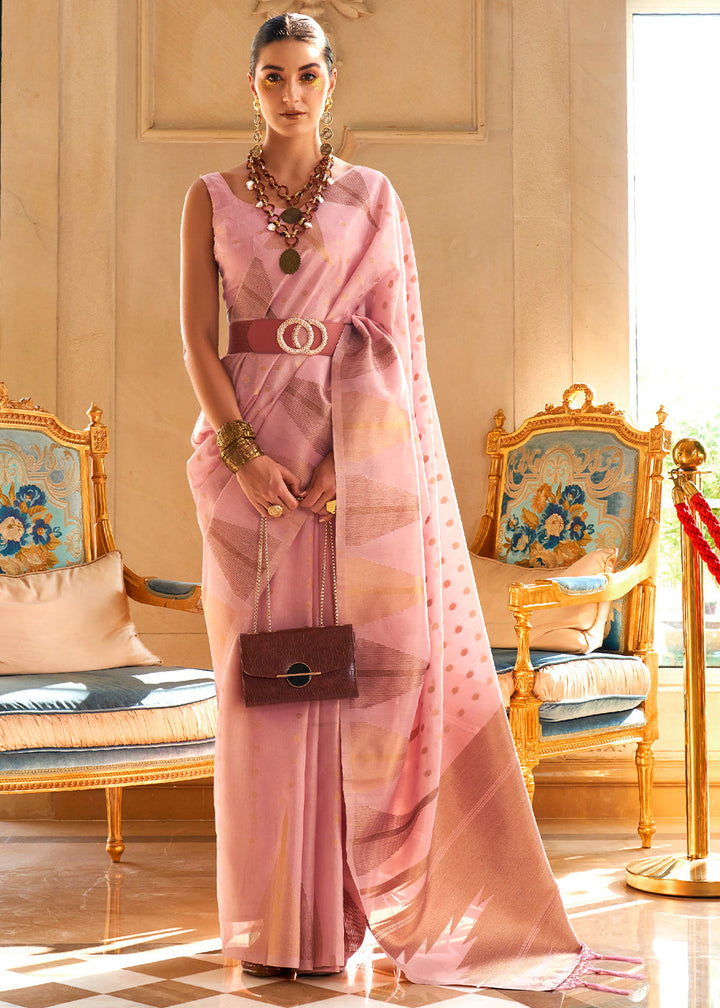 Flamingo Pink Zari Handloom Woven Tissue Silk Saree