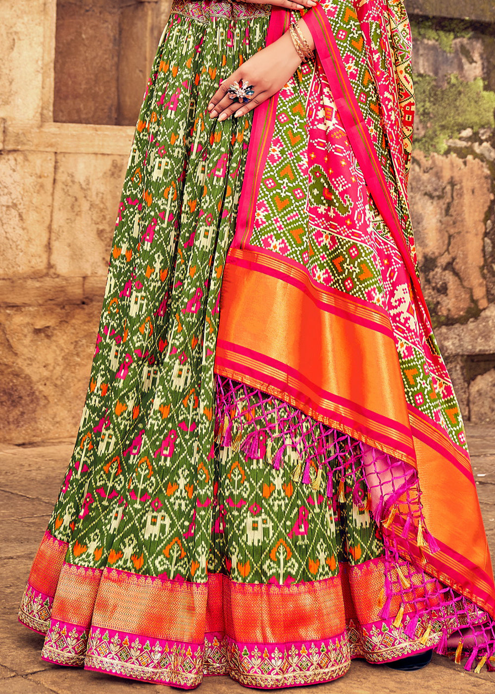 Green & Pink Patola Printed Banarasi Silk Lehenga Choli with Embroidery Work