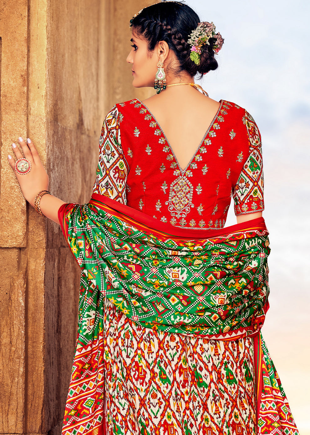 White & Red Patola Printed Banarasi Silk Lehenga Choli with Embroidery Work