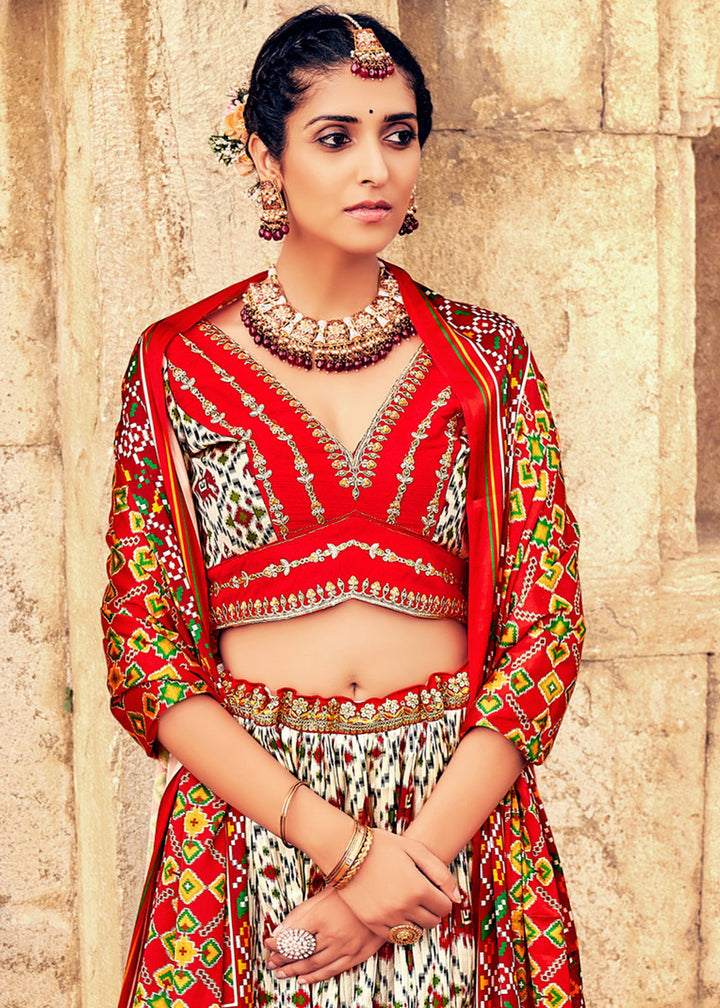White & Red Patola Printed Banarasi Silk Lehenga Choli with Embroidery Work