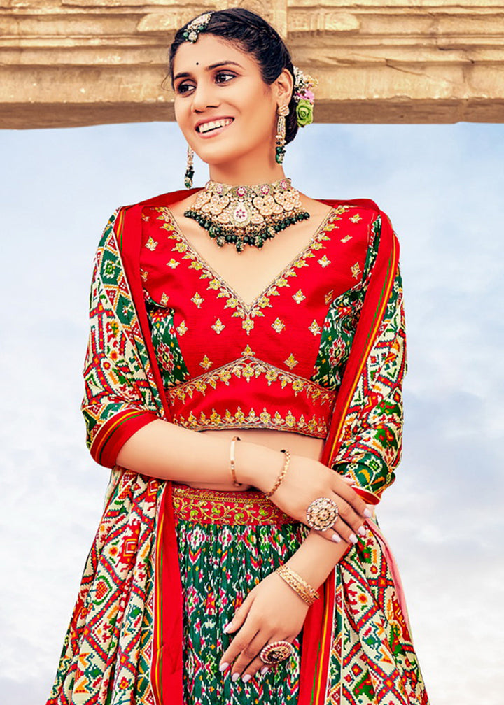 Green & Red Patola Printed Banarasi Silk Lehenga Choli with Embroidery Work