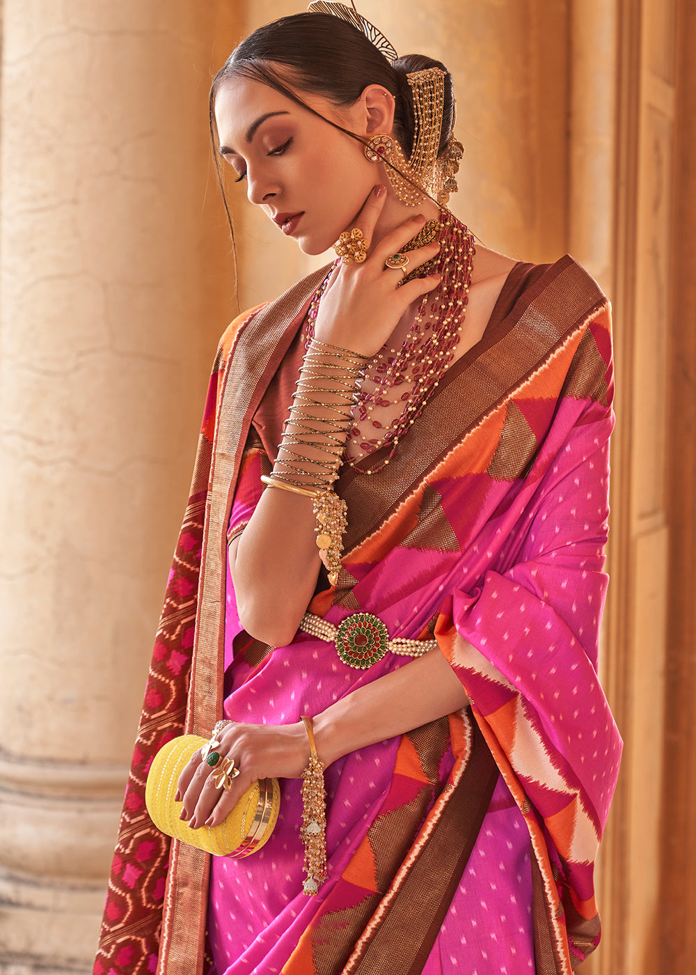 Shocking Pink Designer Printed Silk Saree with Contrast Blouse & Pallu