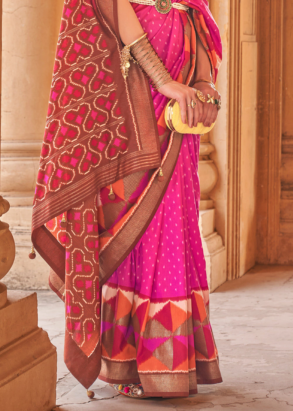 Shocking Pink Designer Printed Silk Saree with Contrast Blouse & Pallu