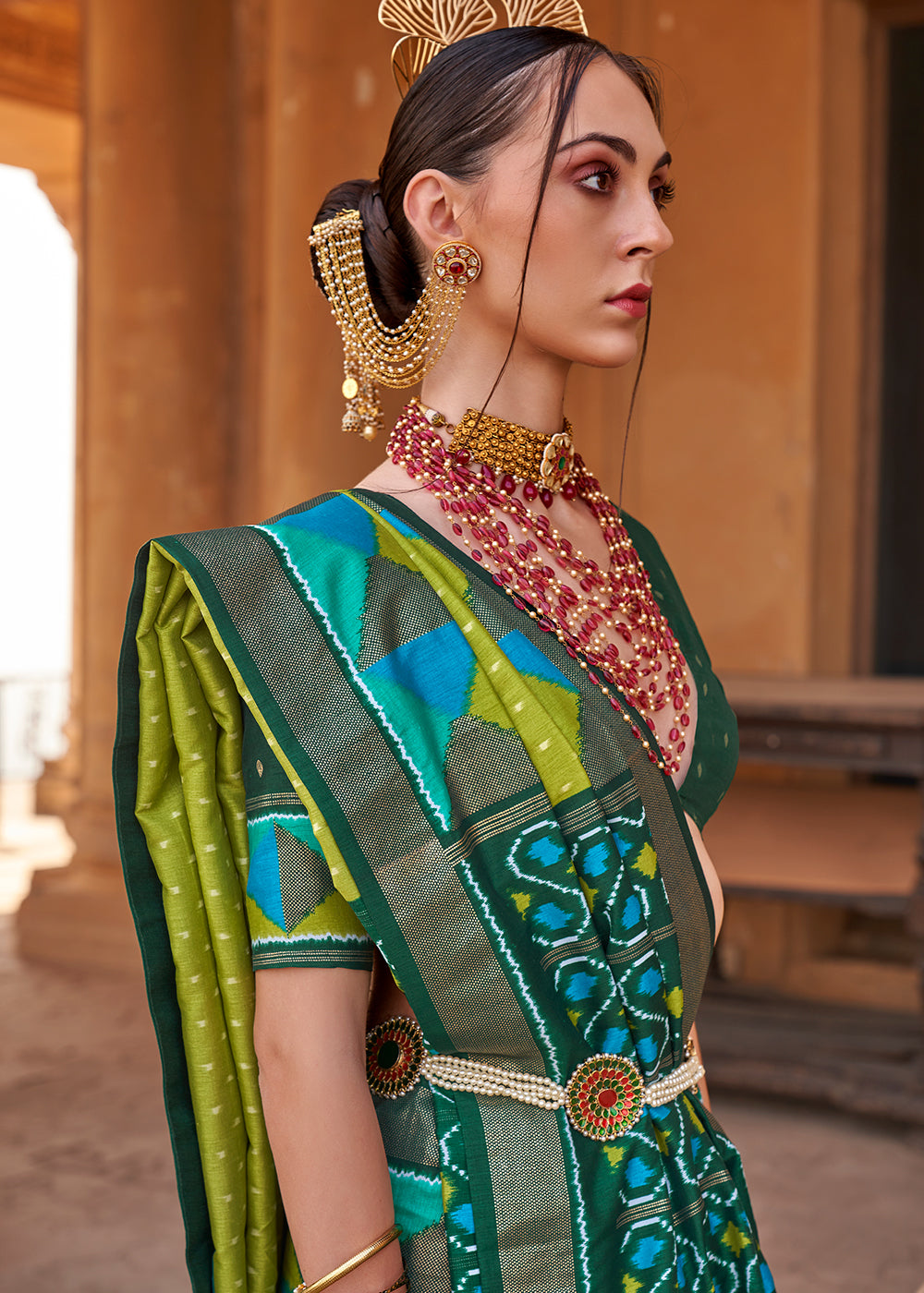 Avocado Green Designer Printed Silk Saree with Contrast Blouse & Pallu