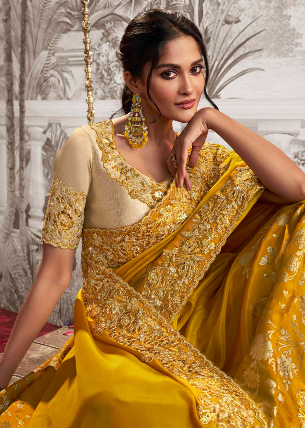 Mustard Yellow Designer Heavy Embroidered Silk Saree