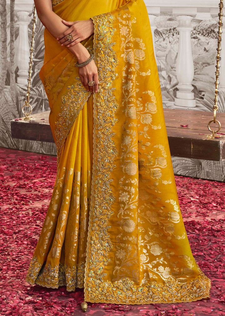 Mustard Yellow Designer Heavy Embroidered Silk Saree