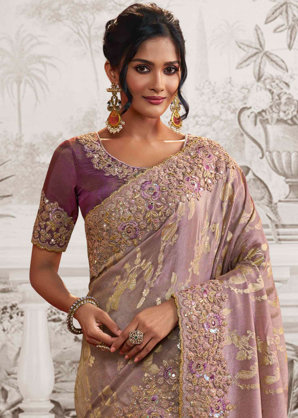 African Purple Designer Heavy Embroidered Silk Saree