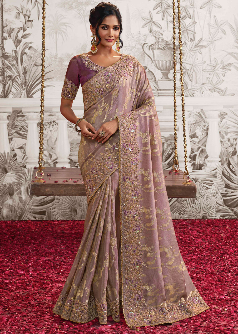 African Purple Designer Heavy Embroidered Silk Saree