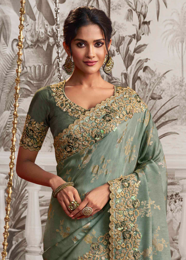 Tea Green Designer Heavy Embroidered Silk Saree
