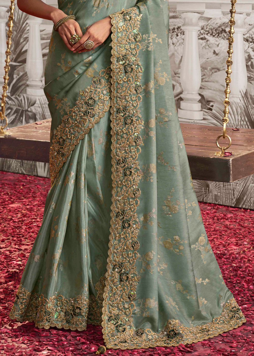 Tea Green Designer Heavy Embroidered Silk Saree