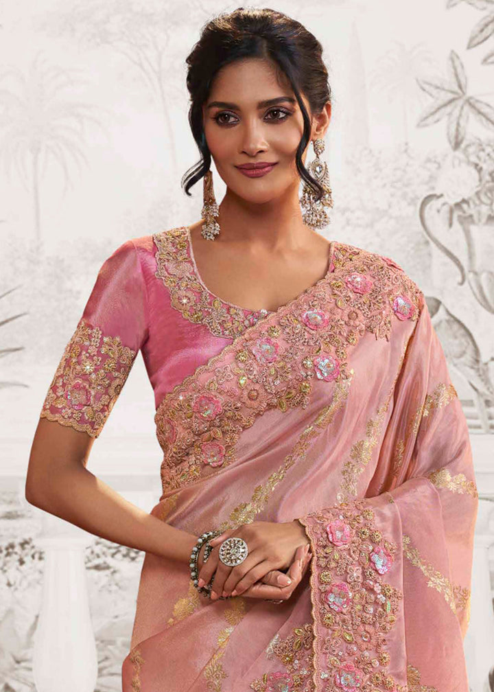 Light Peach Pink Designer Heavy Embroidered Silk Saree