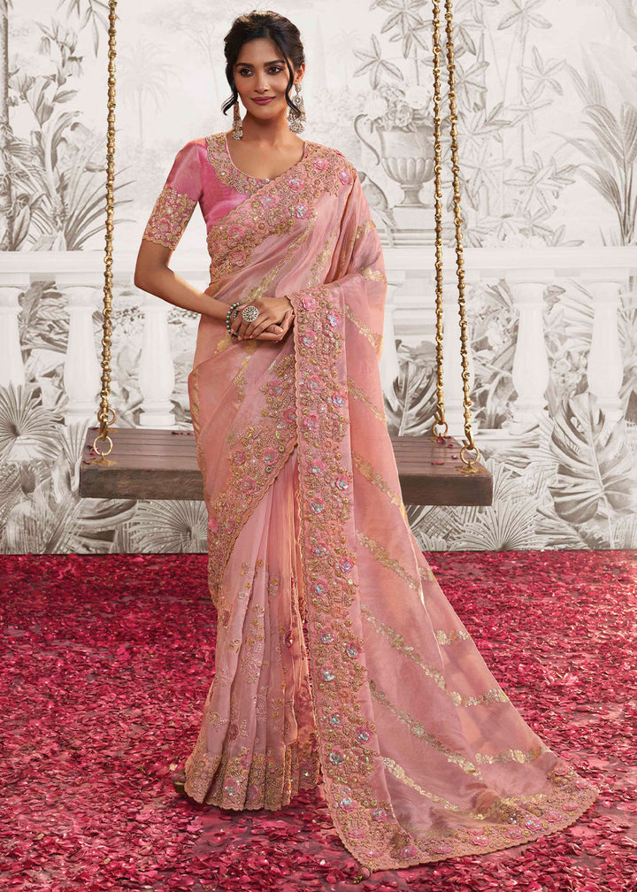 Light Peach Pink Designer Heavy Embroidered Silk Saree