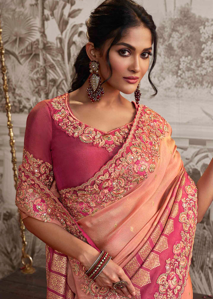 Shades Of Pink Designer Heavy Embroidered Silk Saree