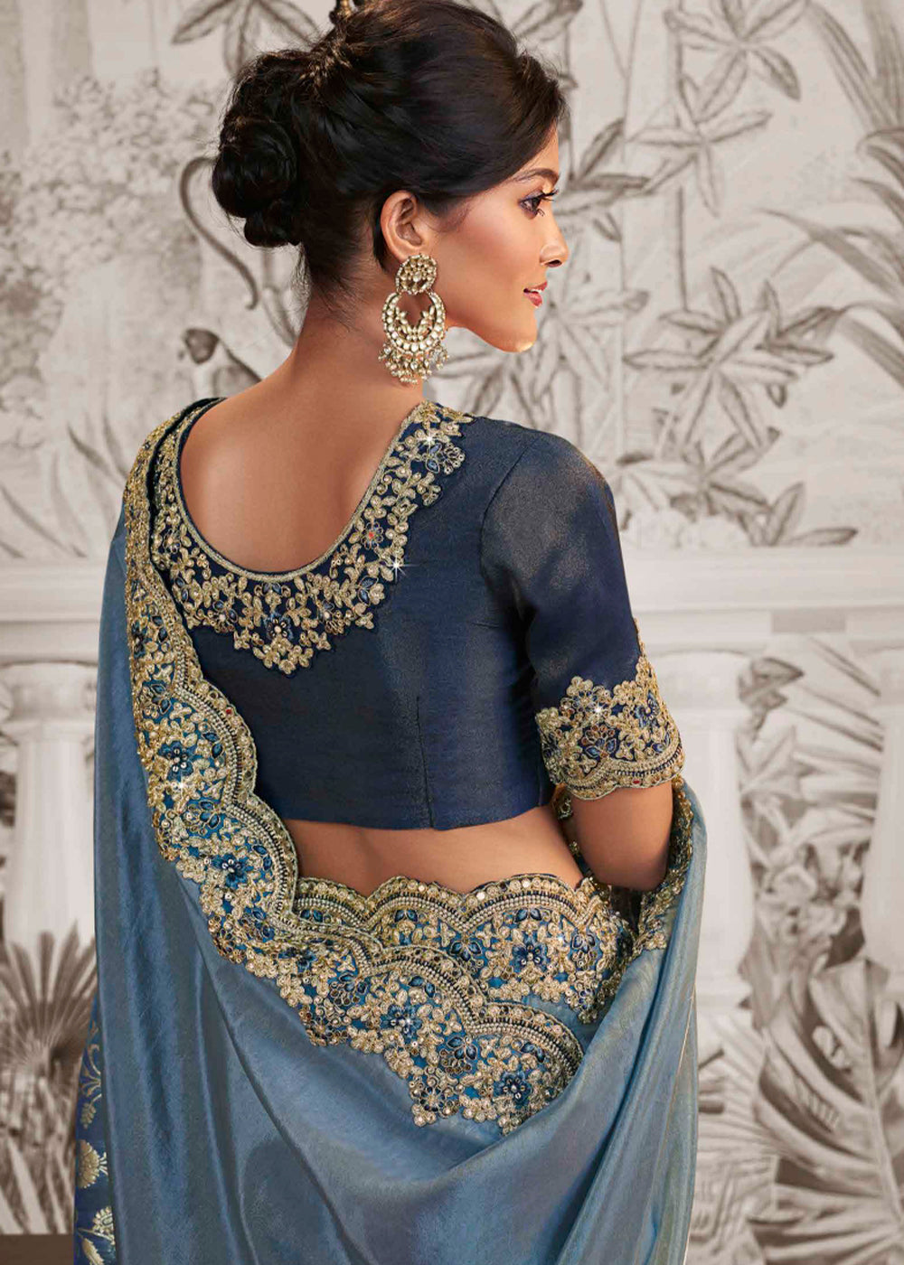Shades Of Blue Designer Heavy Embroidered Silk Saree