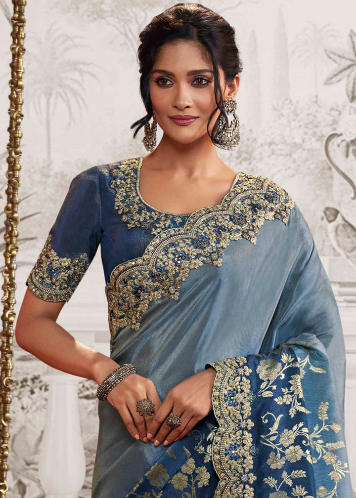 Shades Of Blue Designer Heavy Embroidered Silk Saree
