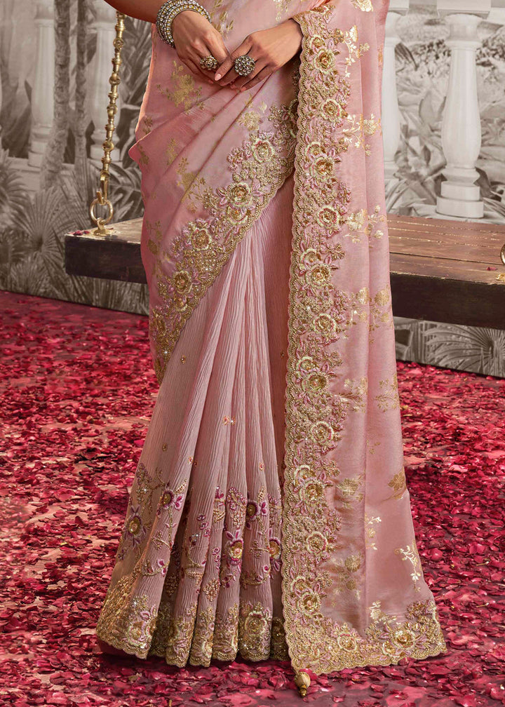Cool Pink Designer Heavy Embroidered Silk Saree