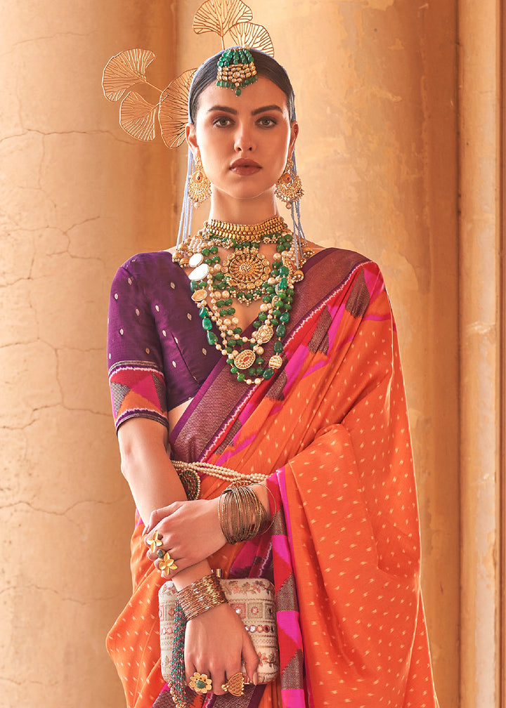 Bright Orange Designer Printed Silk Saree with Contrast Blouse & Pallu