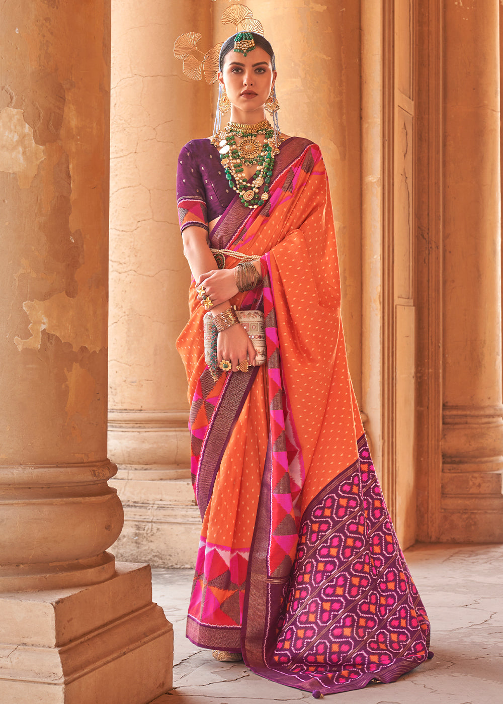 Bright Orange Designer Printed Silk Saree with Contrast Blouse & Pallu
