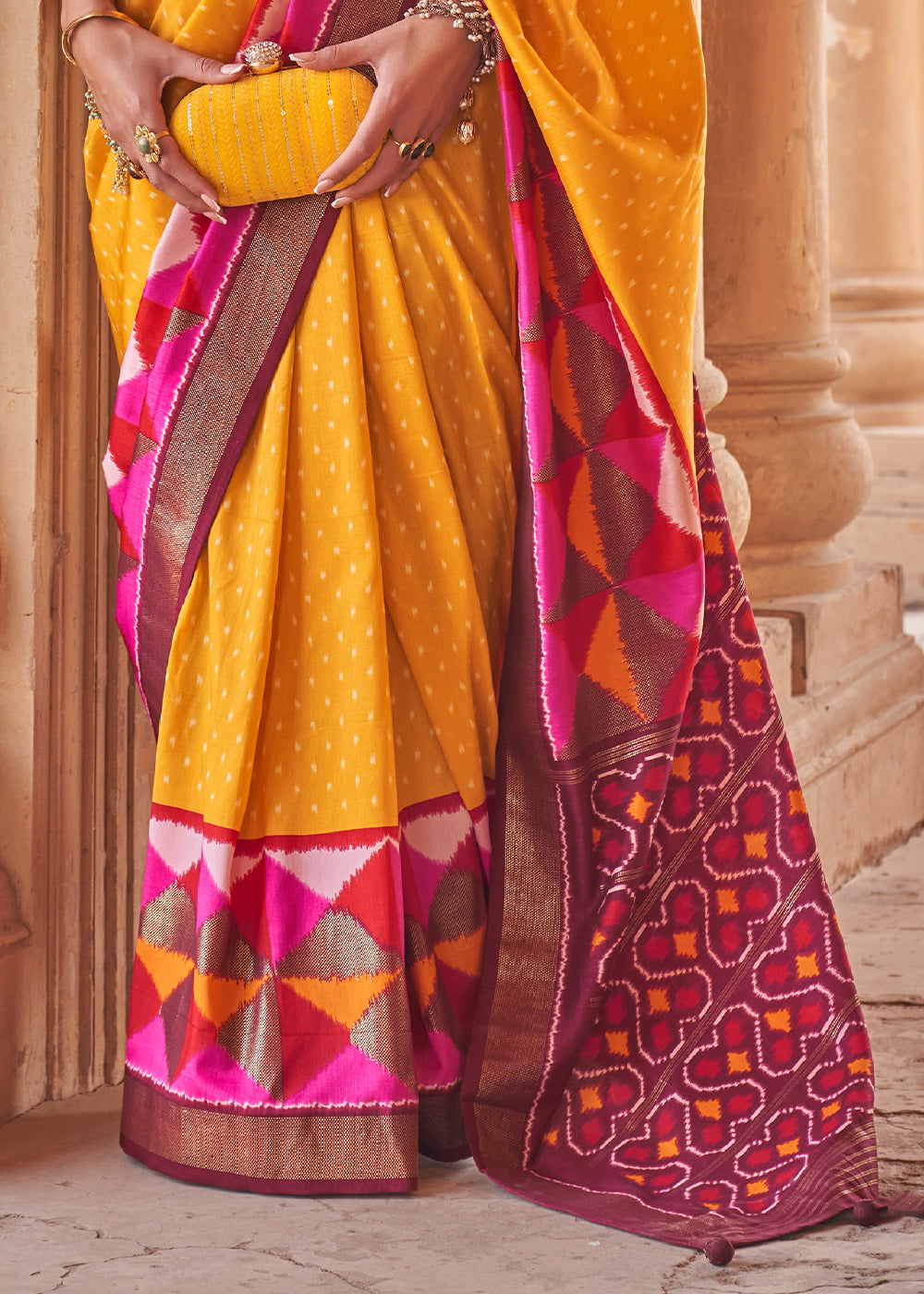 Saffron Yellow Designer Printed Silk Saree with Contrast Blouse & Pallu