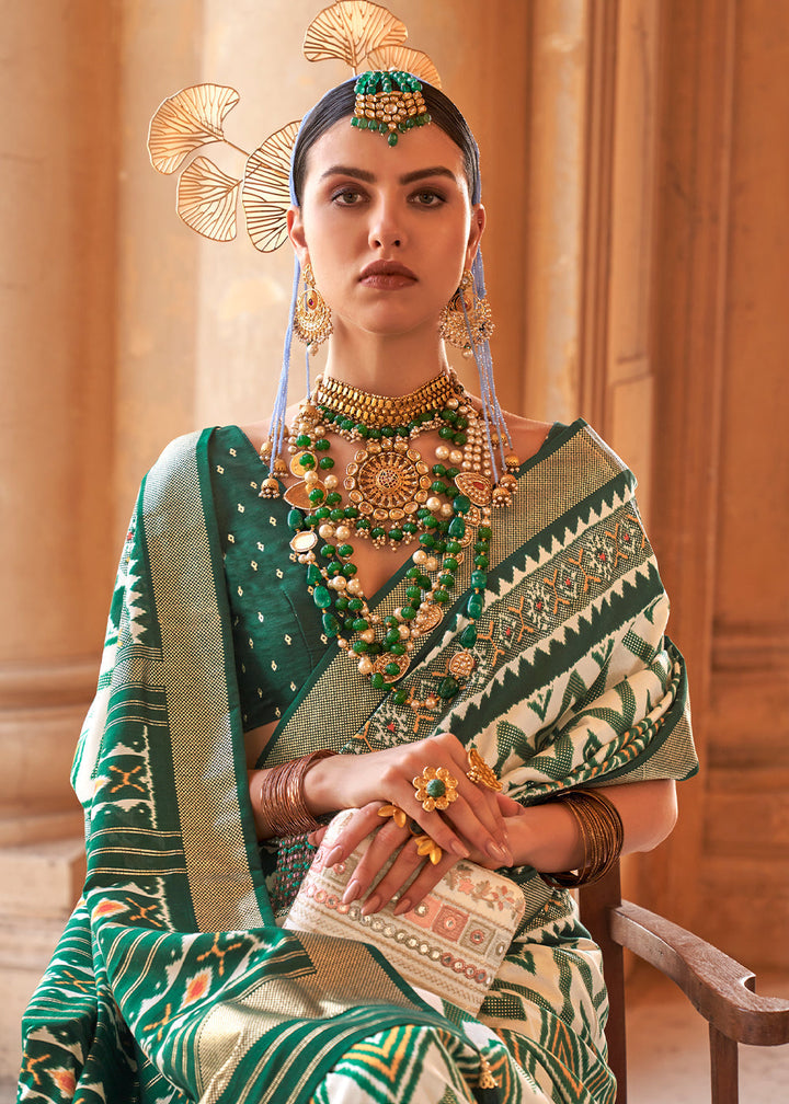 Green & White Designer Printed Silk Saree