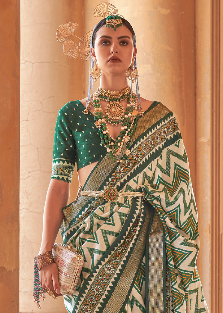 Green & White Designer Printed Silk Saree