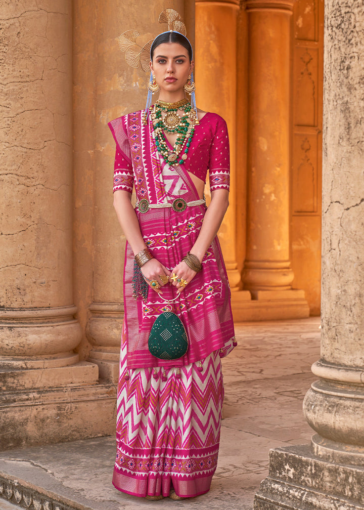 Hot Pink Designer Printed Silk Saree