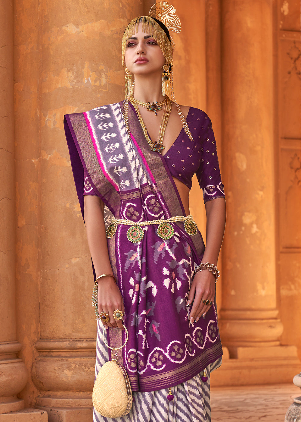 Midnight Purple & White Designer Printed Silk Saree with Contrast Blouse & Pallu