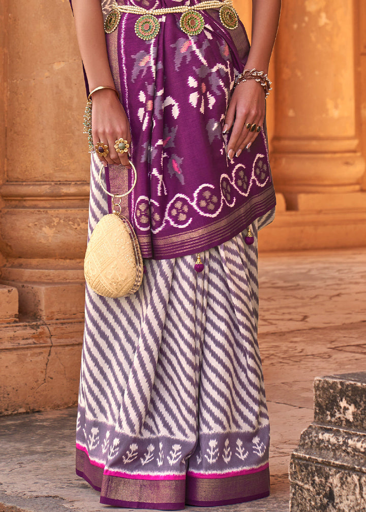 Midnight Purple & White Designer Printed Silk Saree with Contrast Blouse & Pallu